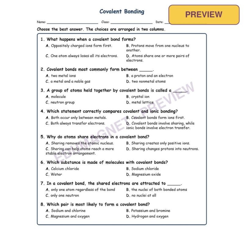 Covalent Bonding Physical Science Virginia SOL PS.3C MCQ Fill Short Exit Workshe