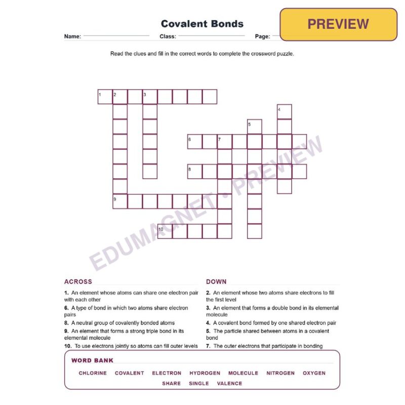 Covalent Bonds (Crossword Worksheets) Grade 8 Science