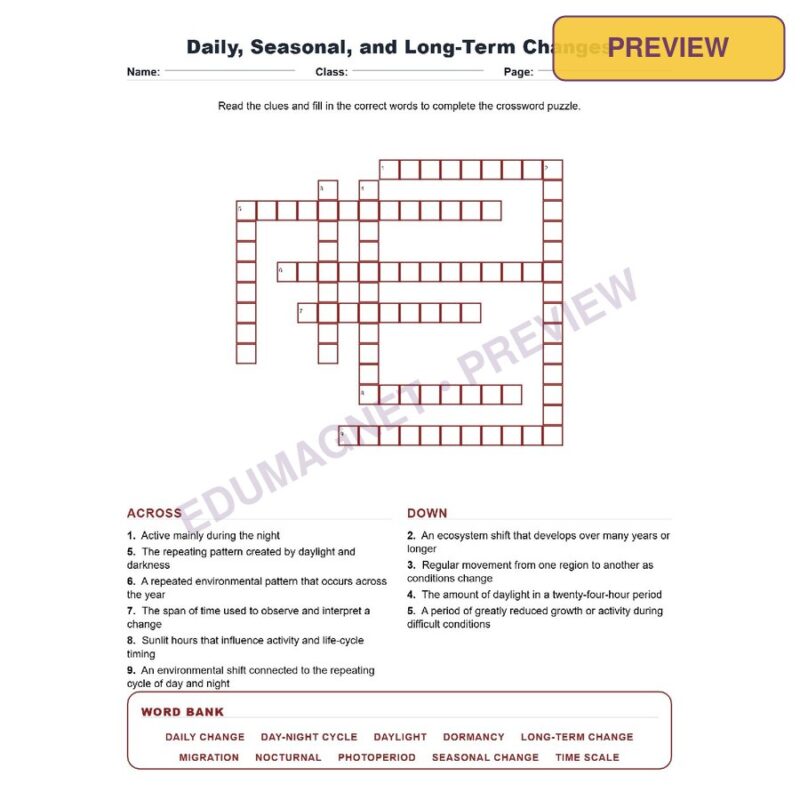 Daily, Seasonal, And Long Term Changes (Crossword Worksheets) Virginia Life Science SOL LS.8