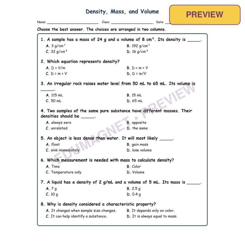 Density Mass Fill MCQ Written Exit Tickets Worksheet SOL Physical Science