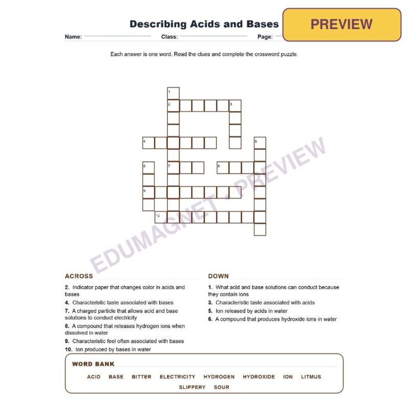 Describing Acids And Bases (Crossword Worksheets) Grade 8 Science