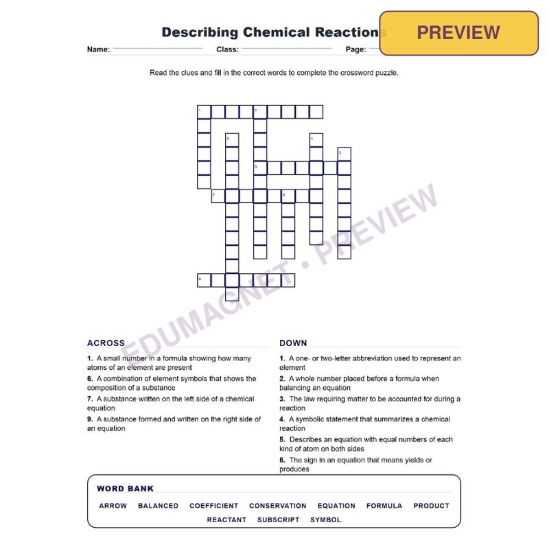 Describing Chemical Reactions (Crossword Worksheets) Grade 8 Science Chapter 4