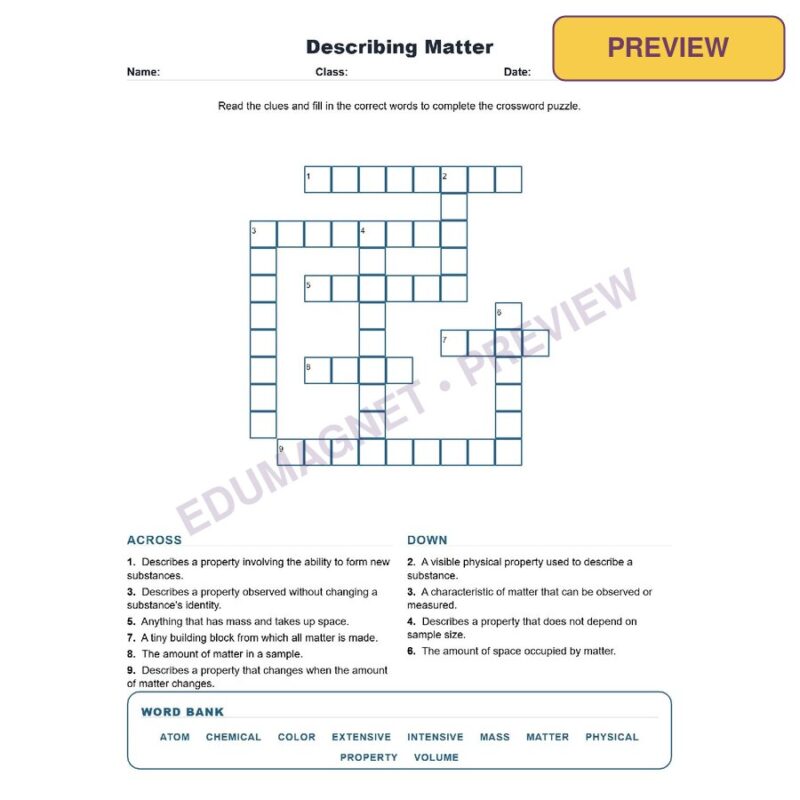 Describing Matter (Crossword Worksheets) Grade 8 Science