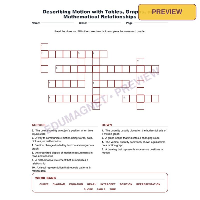 Describing Motion With Tables, Graphs, And Mathematical Relationships (Crossword Worksheets) NGSS MS PS2 2
