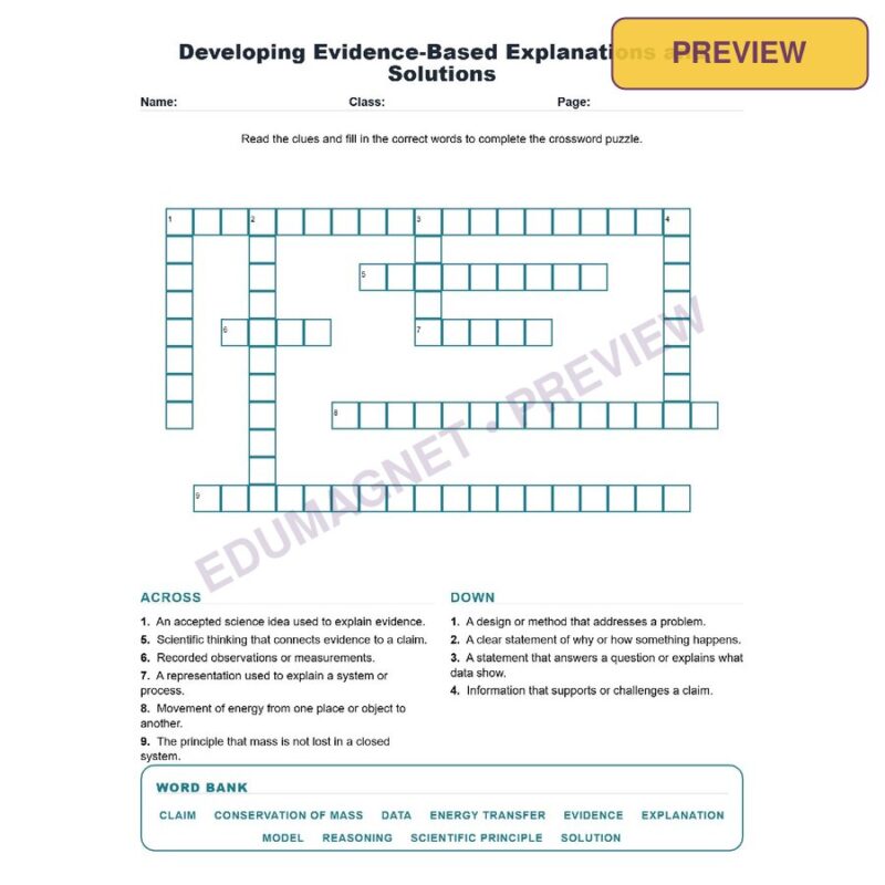 Developing Evidence Based Explanations And Solutions (Crossword Worksheets) Science TEKS 8.3A