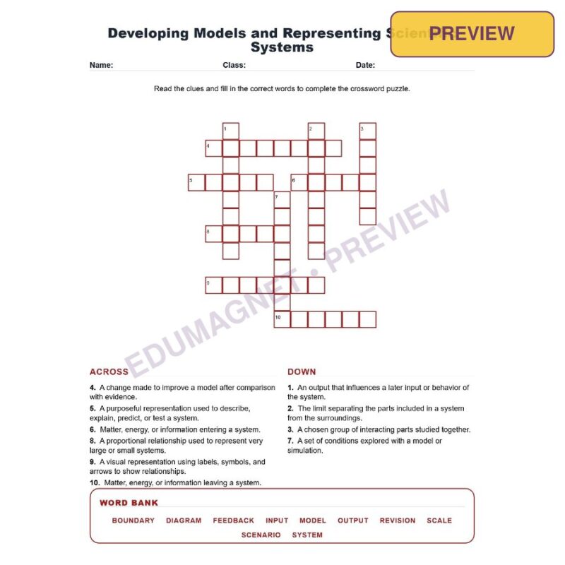 Developing Models And Representing Scientific Systems (Crossword Worksheets) NGSS MS ETS1 4