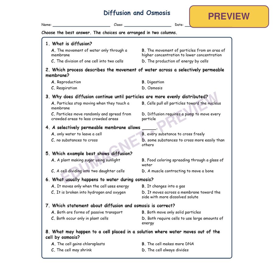 Diffusion And Osmosis Life Science Virginia SOL LS.2E MCQ Fill Short Exit Worksh