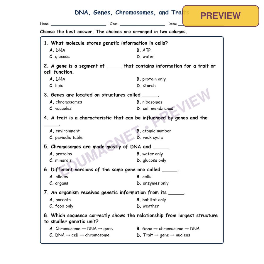 DNA, Genes, MCQs Fill Written Exit Tickets Worksheet SOL Life Science