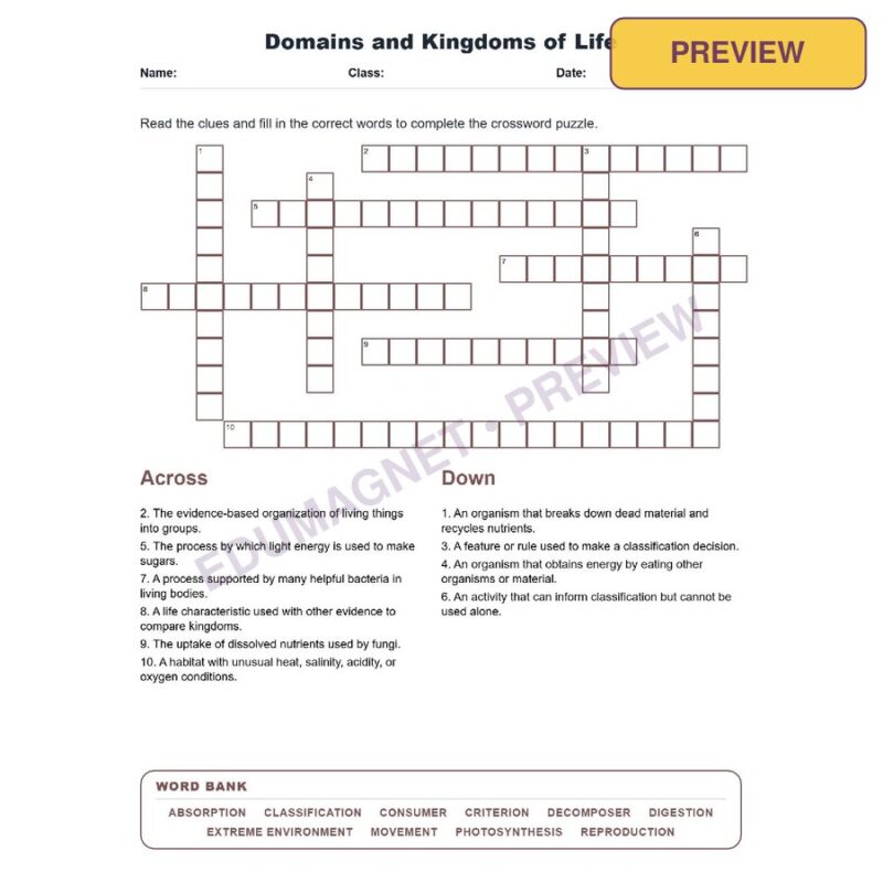 Domains And Kingdoms Of Life (Crossword Worksheets) Virginia SOL LS.3c