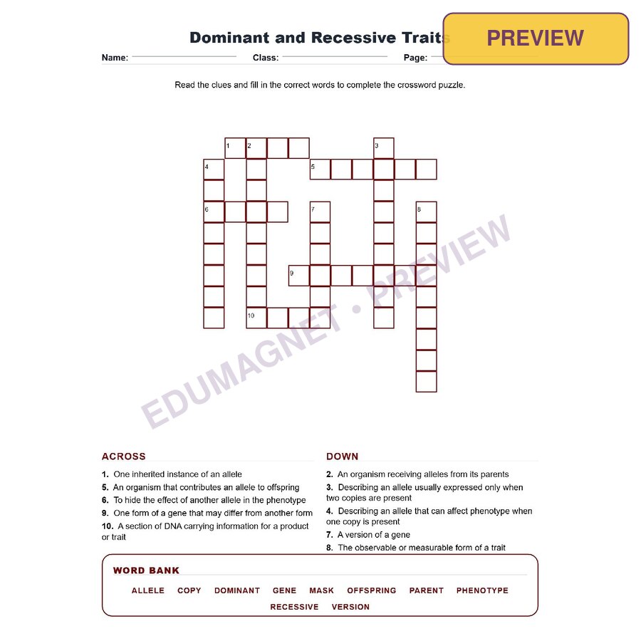Dominant And Recessive Traits (Crossword Worksheets) Virginia SOL LS.10