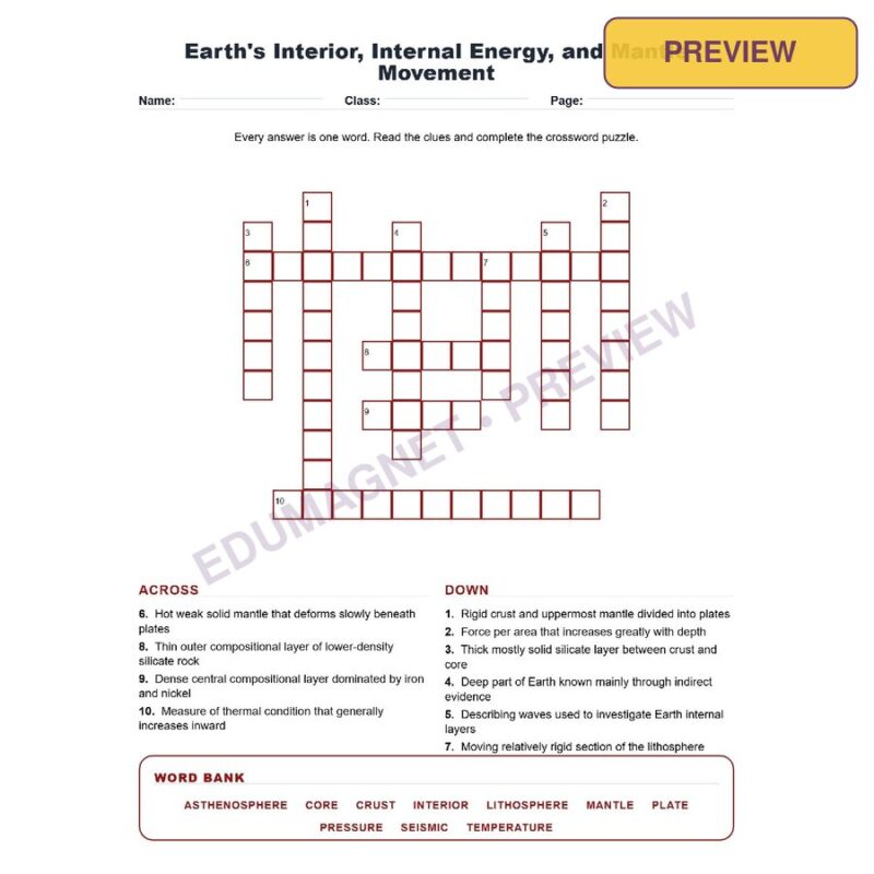 Earth S Interior, Internal Energy, And Mantle Movement (Crossword Worksheets) Grade 8 NGSS Unit 8