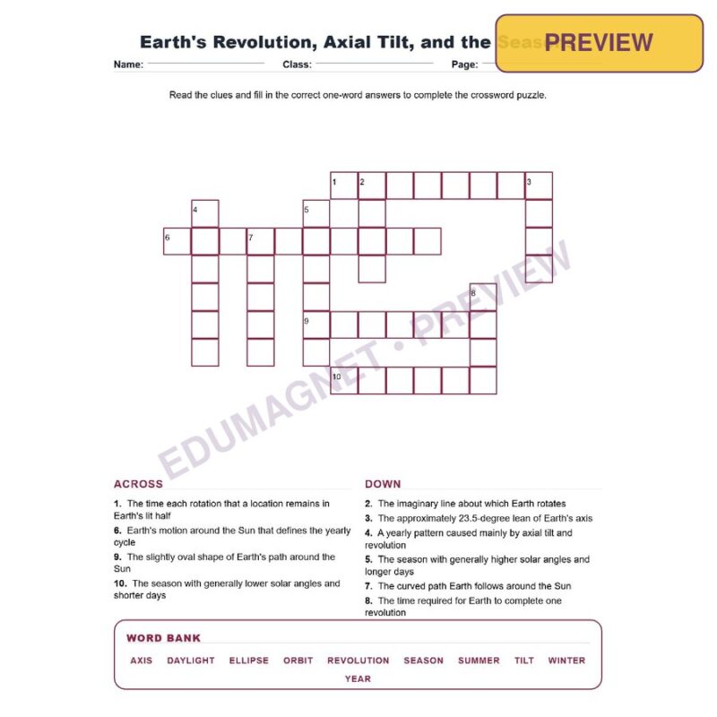Earth's Revolution, Axial Tilt, And The Seasons (Crossword Worksheets) Grade 8 NGSS