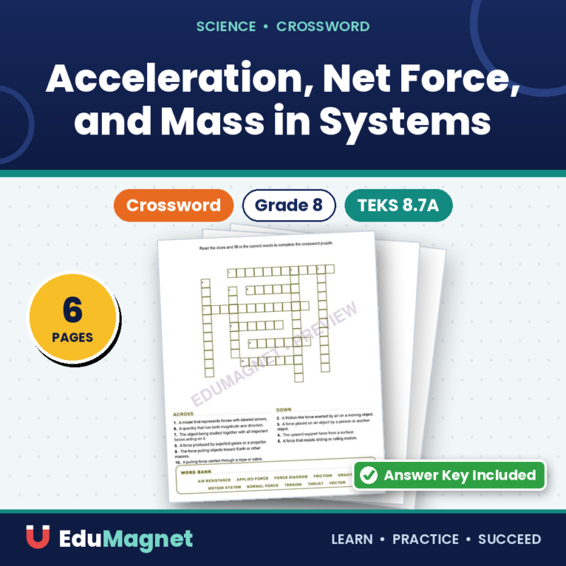 Acceleration, Net Force, And Mass In Systems (Crossword Worksheets) Science TEKS 8.7A
