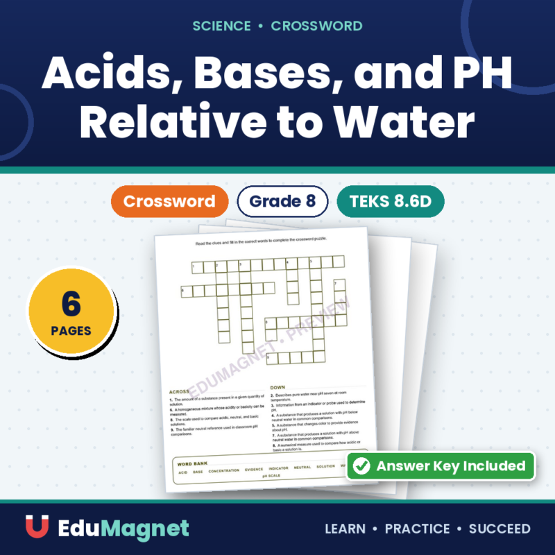 Acids, Bases, And PH Relative To Water (Crossword Worksheets) Grade 8 Science TEKS 8.6D