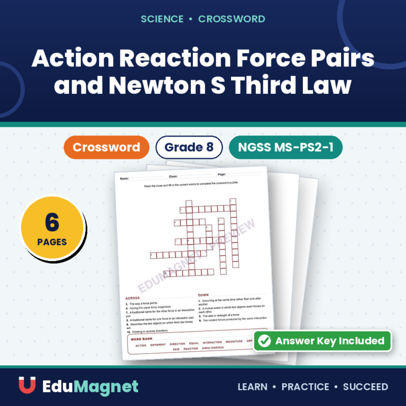 Action Reaction Force Pairs And Newton S Third Law (Crossword Worksheets) NGSS MS PS2 1