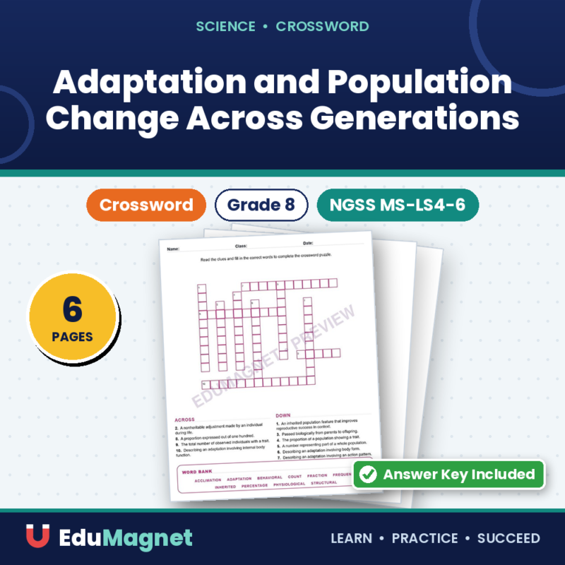 Adaptation And Population Change Across Generations (Crossword Worksheets) Grade 8 NGSS MS LS4 6