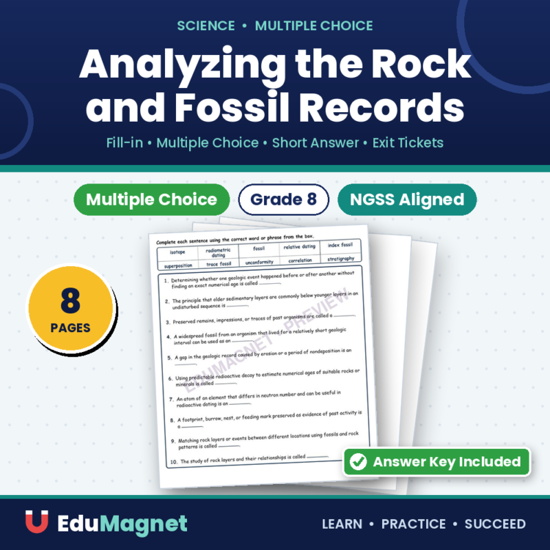 Analyzing The Rock And Fossil Records Fill MCQ Written Exit Tickets Worksheet NGSS Grade 8