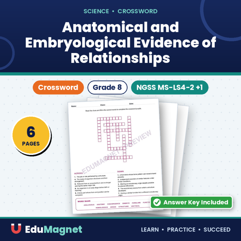 Anatomical And Embryological Evidence Of Relationships (Crossword Worksheets) Grade 8 NGSS MS LS4 2 And MS LS4 3