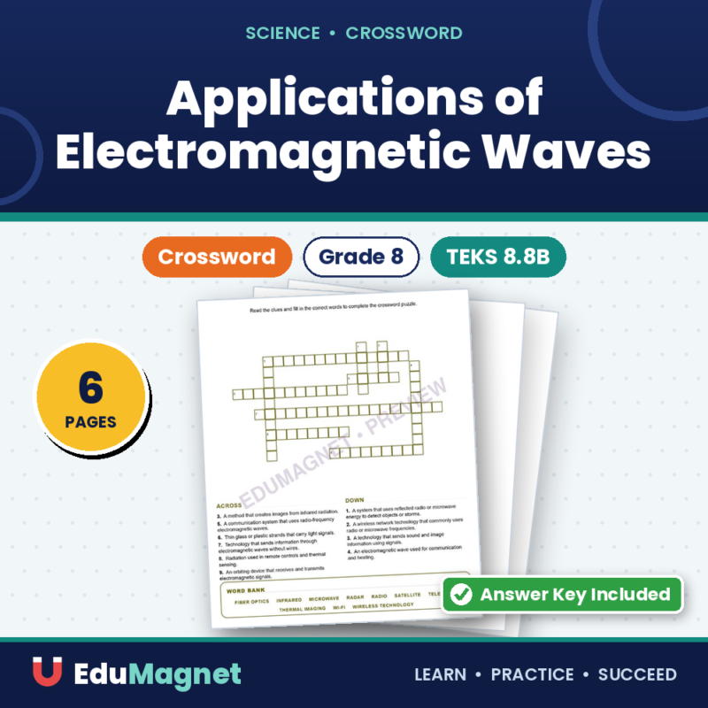 Applications Of Electromagnetic Waves (Crossword Worksheets) Science TEKS 8.8B
