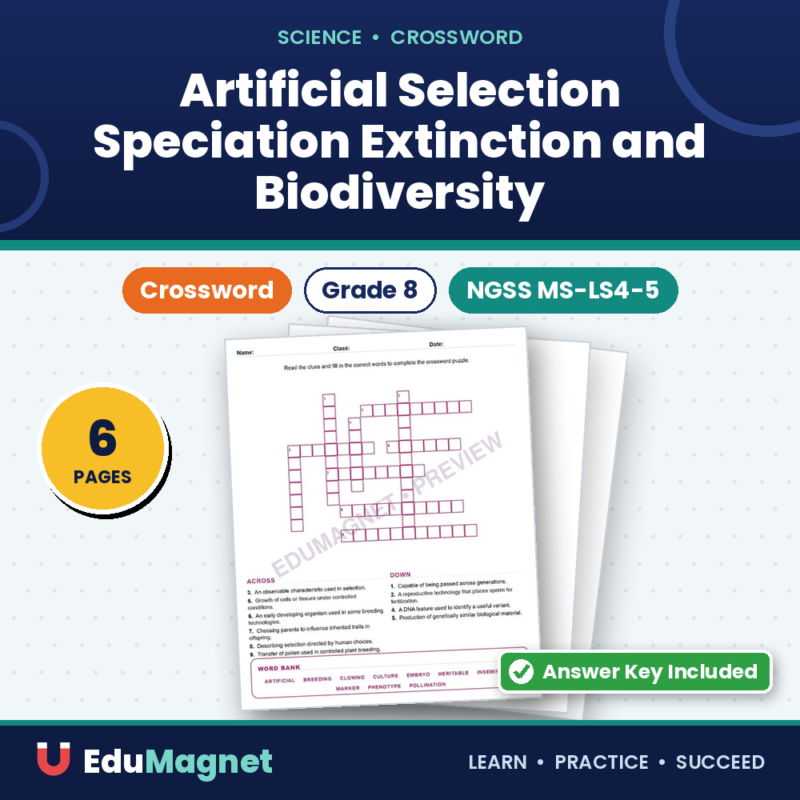 Artificial Selection Speciation Extinction And Biodiversity (Crossword Worksheets) Grade 8 NGSS MS LS4 5