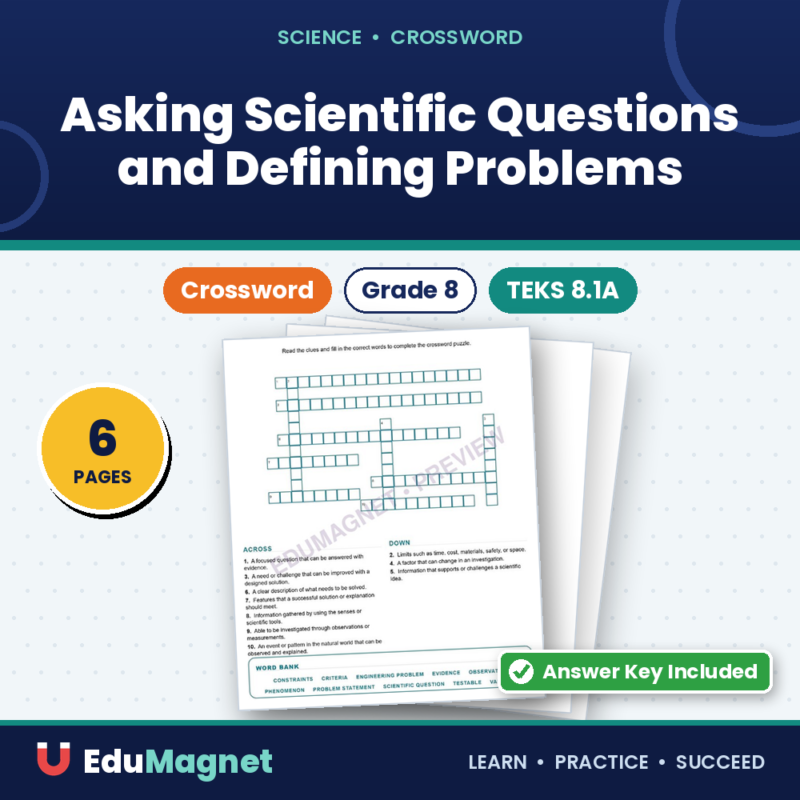 Asking Scientific Questions And Defining Problems (Crossword Worksheets) Science TEKS 8.1A