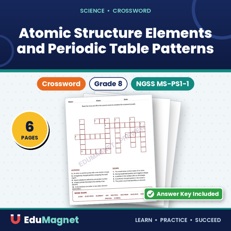 Atomic Structure Elements And Periodic Table Patterns (Crossword Worksheets) Grade 8 NGSS MS PS1 1