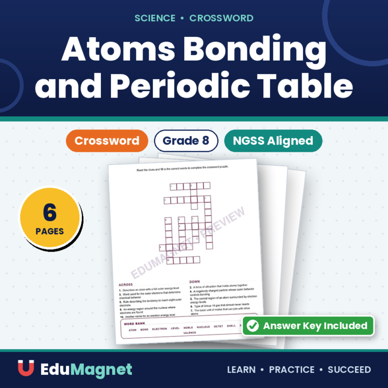 Atoms Bonding And Periodic Table (Crossword Worksheets) Grade 8 Science