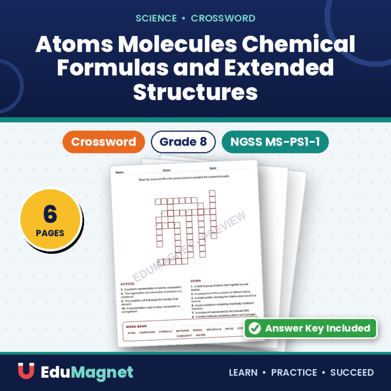 Atoms Molecules Chemical Formulas And Extended Structures (Crossword Worksheets) Grade 8 NGSS MS PS1 1