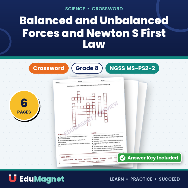 Balanced And Unbalanced Forces And Newton S First Law (Crossword Worksheets) NGSS MS PS2 2