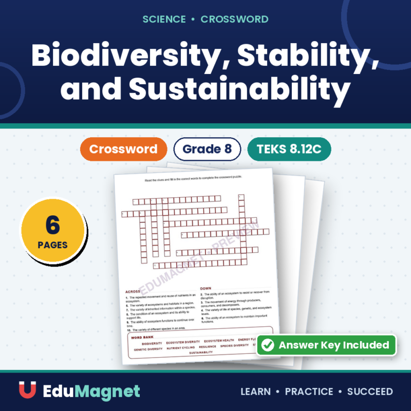 Biodiversity, Stability, And Sustainability (Crossword Worksheets) Grade 8 Science TEKS 8.12C
