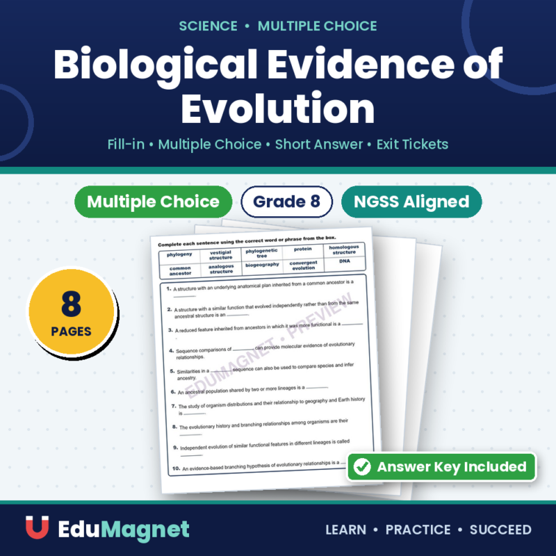 Biological Evidence Of Evolution Fill MCQ Written Exit Tickets Worksheet NGSS Grade 8