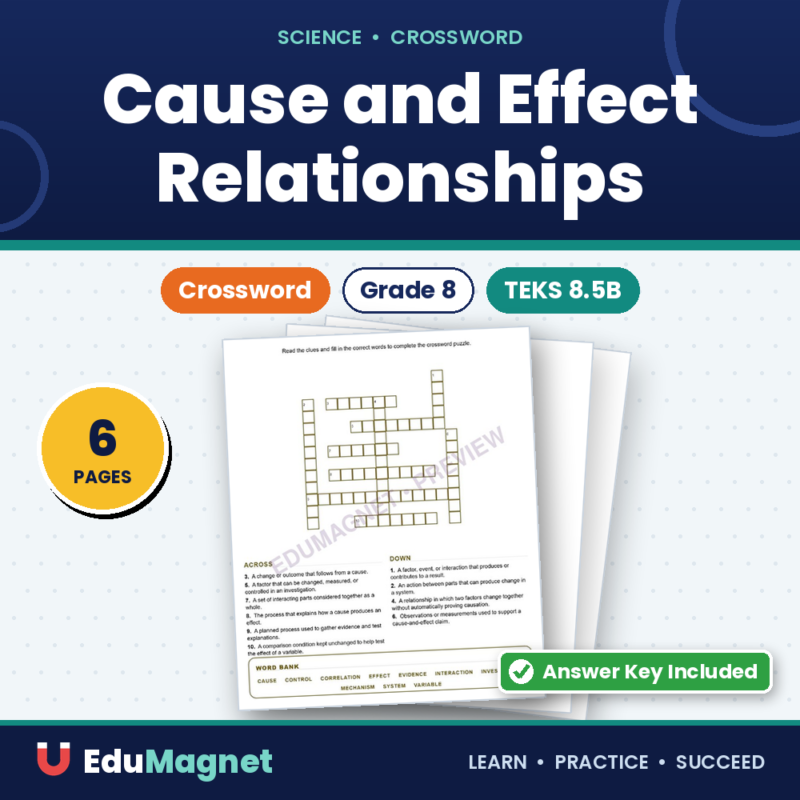 Cause And Effect Relationships (Crossword Worksheets) Grade 8 Science TEKS 8.5B