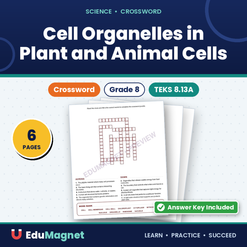 Cell Organelles In Plant And Animal Cells (Crossword Worksheets) Grade 8 Science TEKS 8.13A