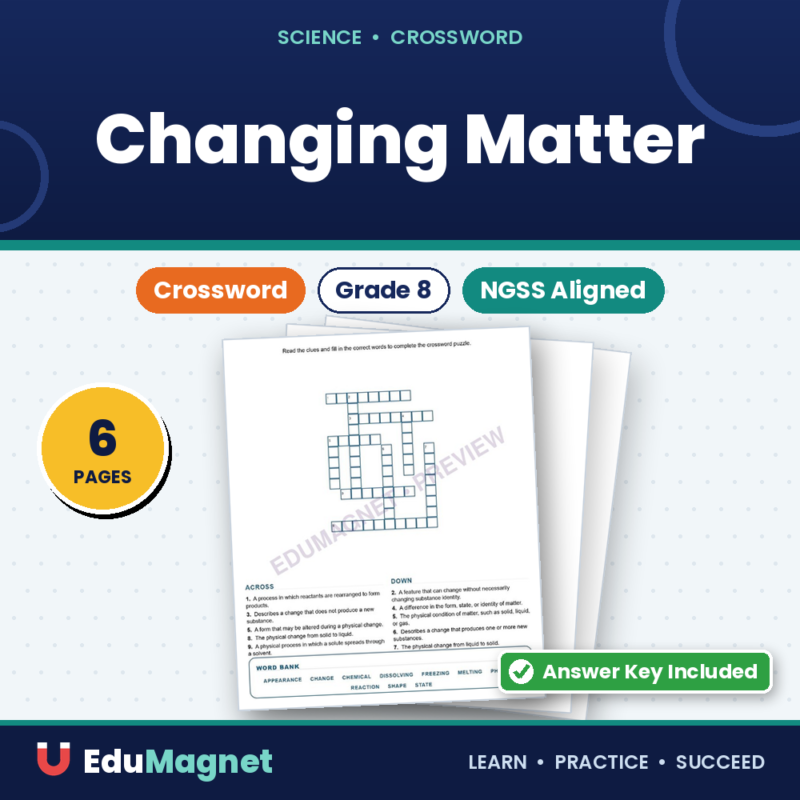 Changing Matter (Crossword Worksheets) Grade 8 Science