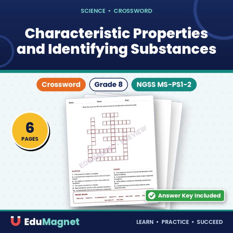 Characteristic Properties And Identifying Substances (Crossword Worksheets) Grade 8 NGSS MS PS1 2