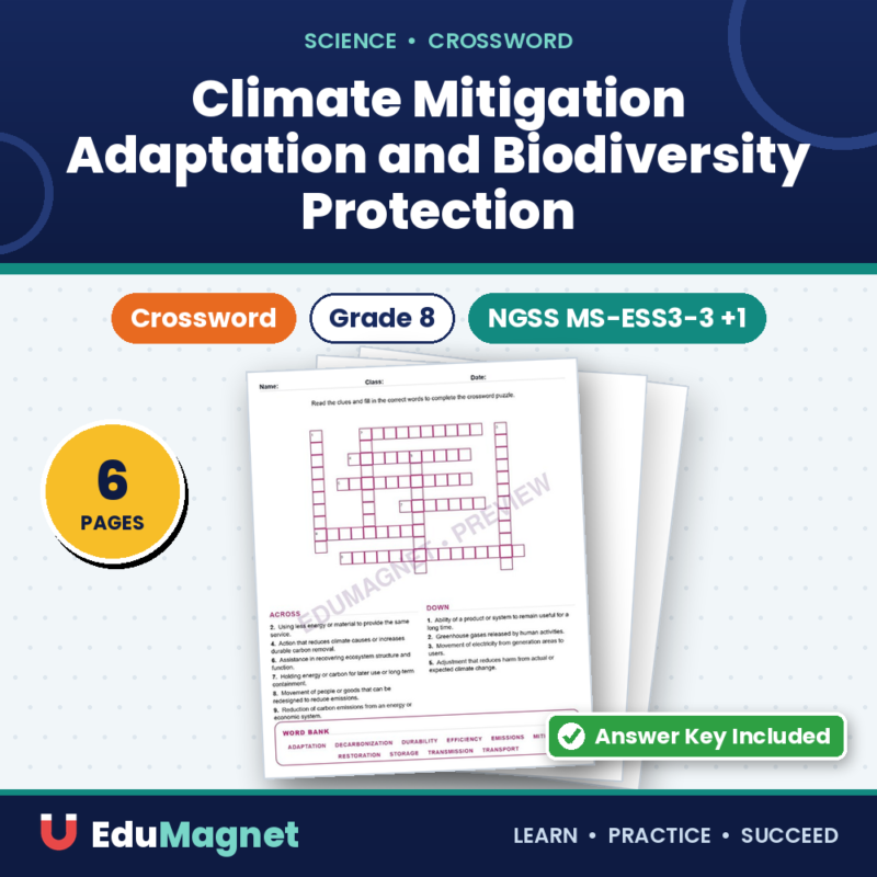 Climate Mitigation Adaptation And Biodiversity Protection (Crossword Worksheets) Grade 8 NGSS MS ESS3 3 And MS ESS3 5