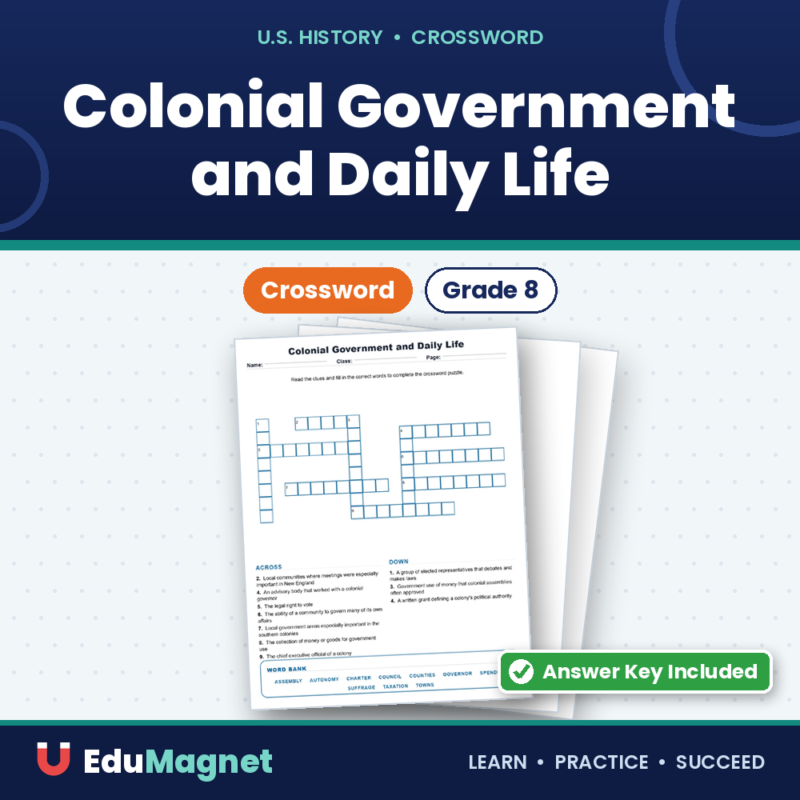Colonial Government and Daily Life Crossword US History Worksheets.