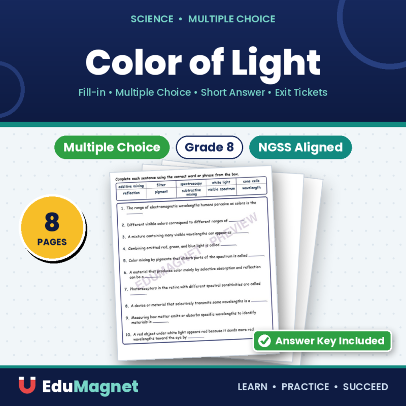 Color Of Light Fill MCQ Written Exit Tickets Worksheet NGSS Grade 8