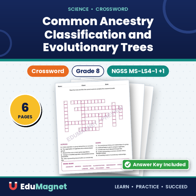 Common Ancestry Classification And Evolutionary Trees (Crossword Worksheets) Grade 8 NGSS MS LS4 1 Through MS LS4 3