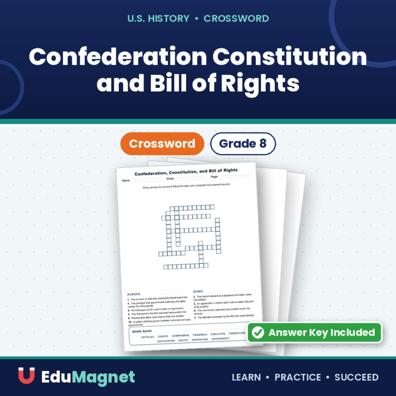 Confederation Constitution and Bill of Rights Grade 8 Crossword US History Worksheets.