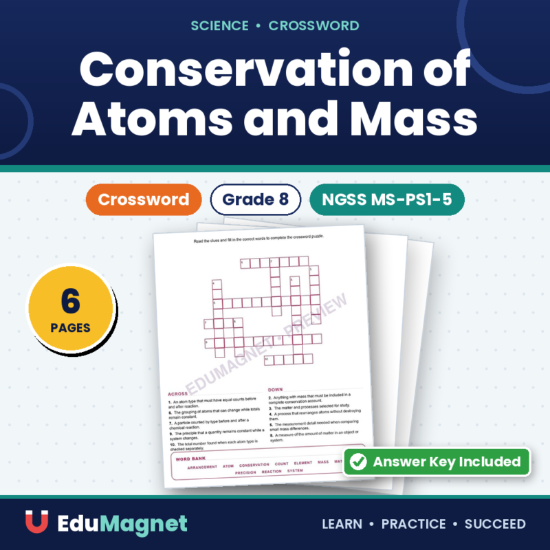 Conservation Of Atoms And Mass (Crossword Worksheets) Grade 8 NGSS MS PS1 5