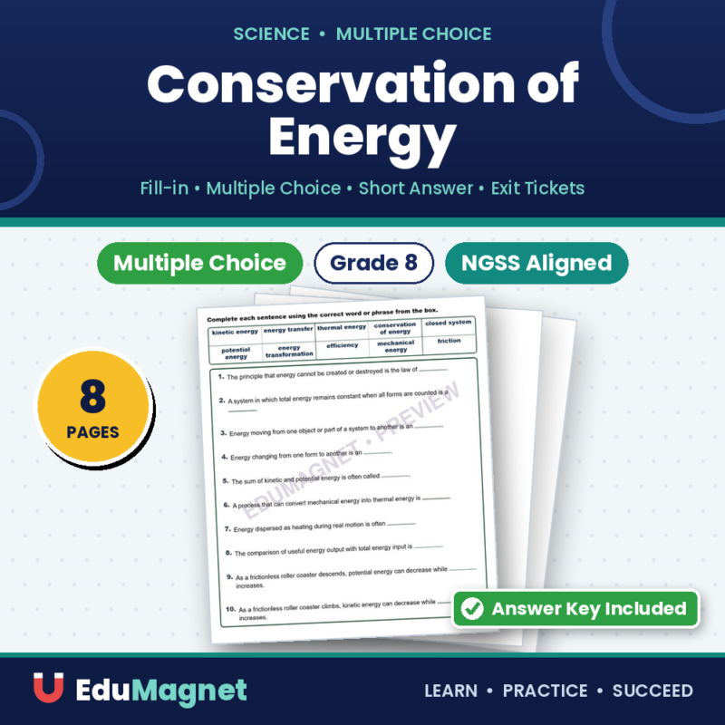 Conservation Of Energy Fill MCQ Written Exit Tickets Worksheet NGSS Grade 8
