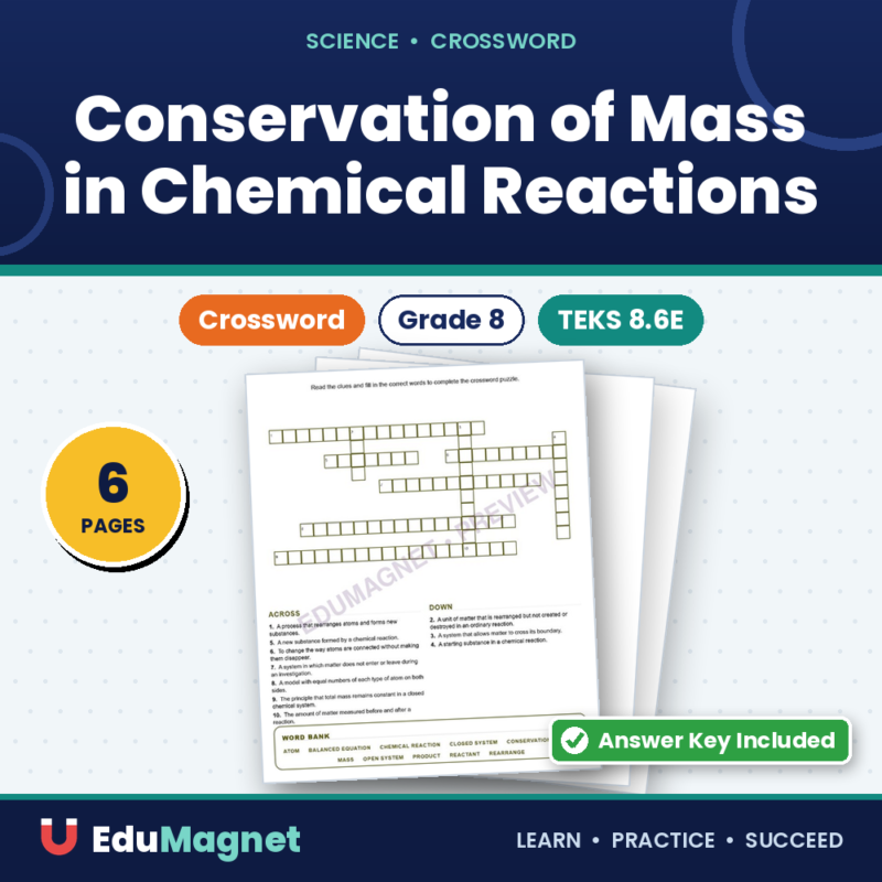 Conservation Of Mass In Chemical Reactions (Crossword Worksheets) Grade 8 Science TEKS 8.6E