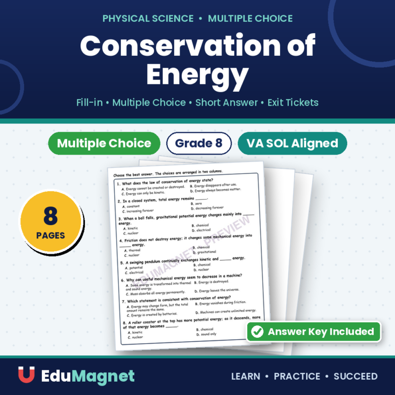 Conservation Of Energy MCQs Fill Written Exit Tickets Worksheet SOL Physical Science