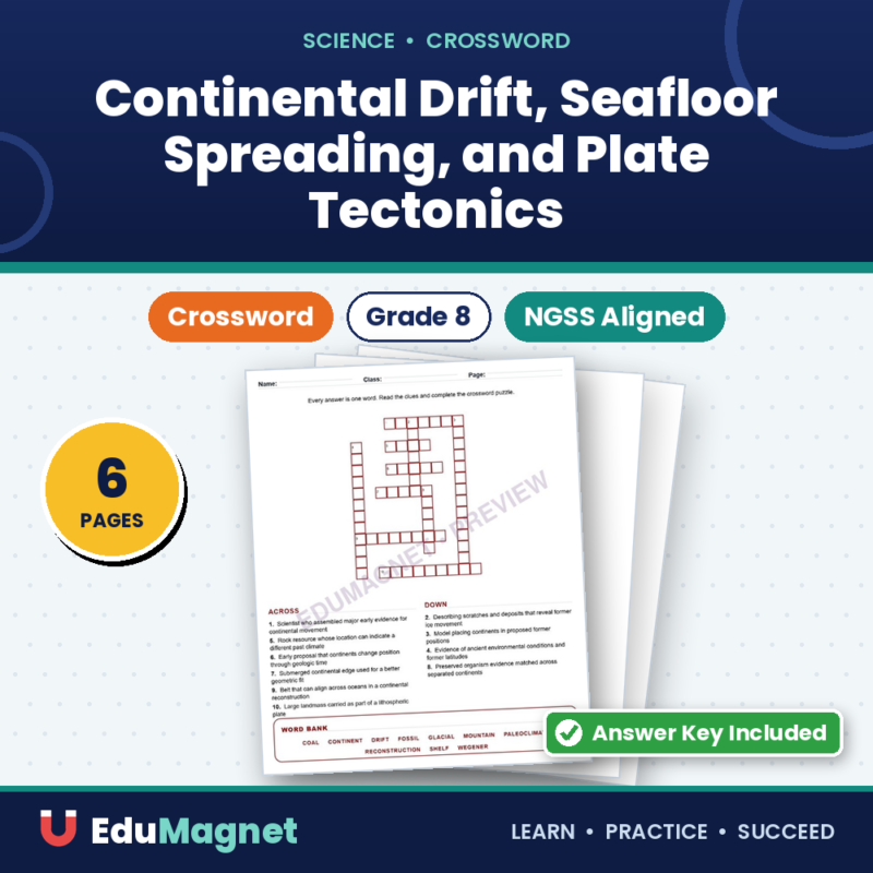 Continental Drift, Seafloor Spreading, And Plate Tectonics (Crossword Worksheets) Grade 8 NGSS Unit 8