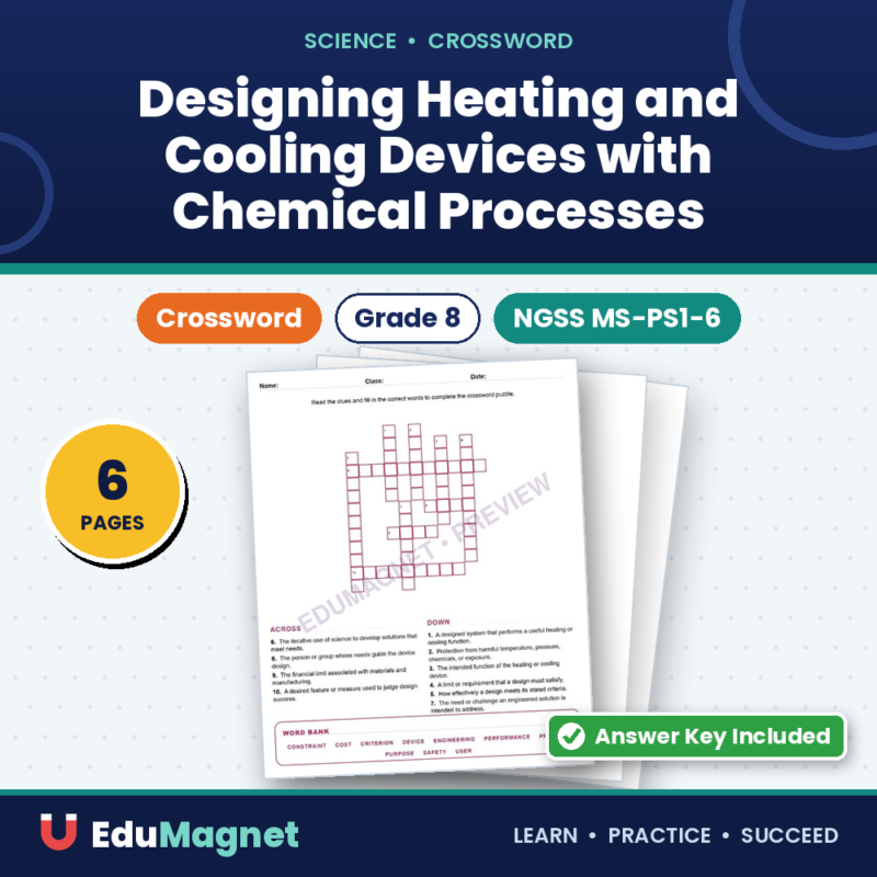 Designing Heating And Cooling Devices With Chemical Processes (Crossword Worksheets) Grade 8 NGSS MS PS1 6