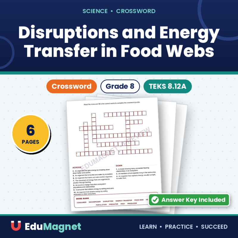 Disruptions And Energy Transfer In Food Webs (Crossword Worksheets) Grade 8 Science TEKS 8.12A