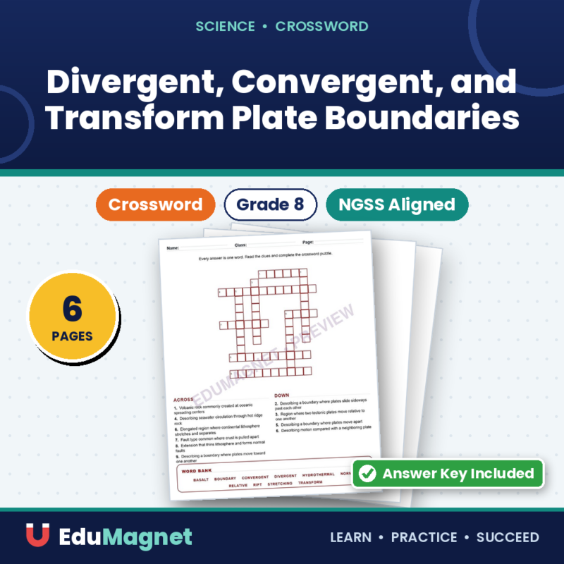 Divergent, Convergent, And Transform Plate Boundaries (Crossword Worksheets) Grade 8 NGSS Unit 8