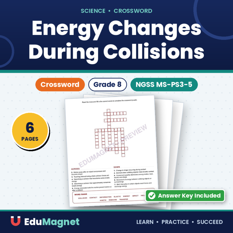Energy Changes During Collisions Crossword Worksheets NGSS MS PS3 5