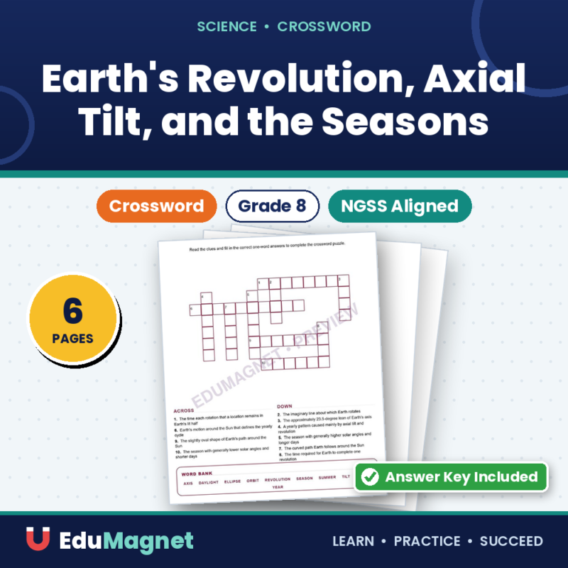 Earth's Revolution, Axial Tilt, And The Seasons (Crossword Worksheets) Grade 8 NGSS